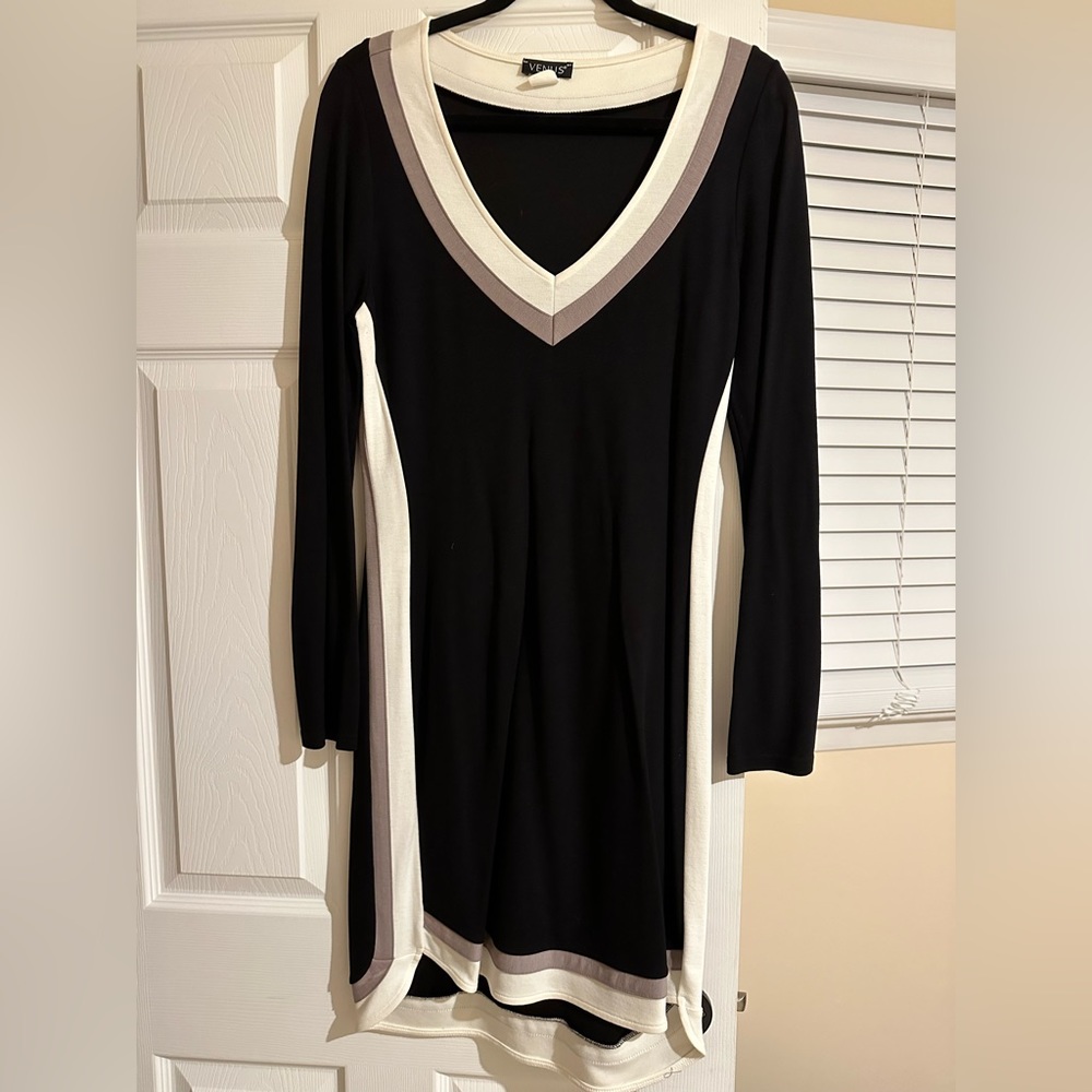 Black dress with white and tan accents